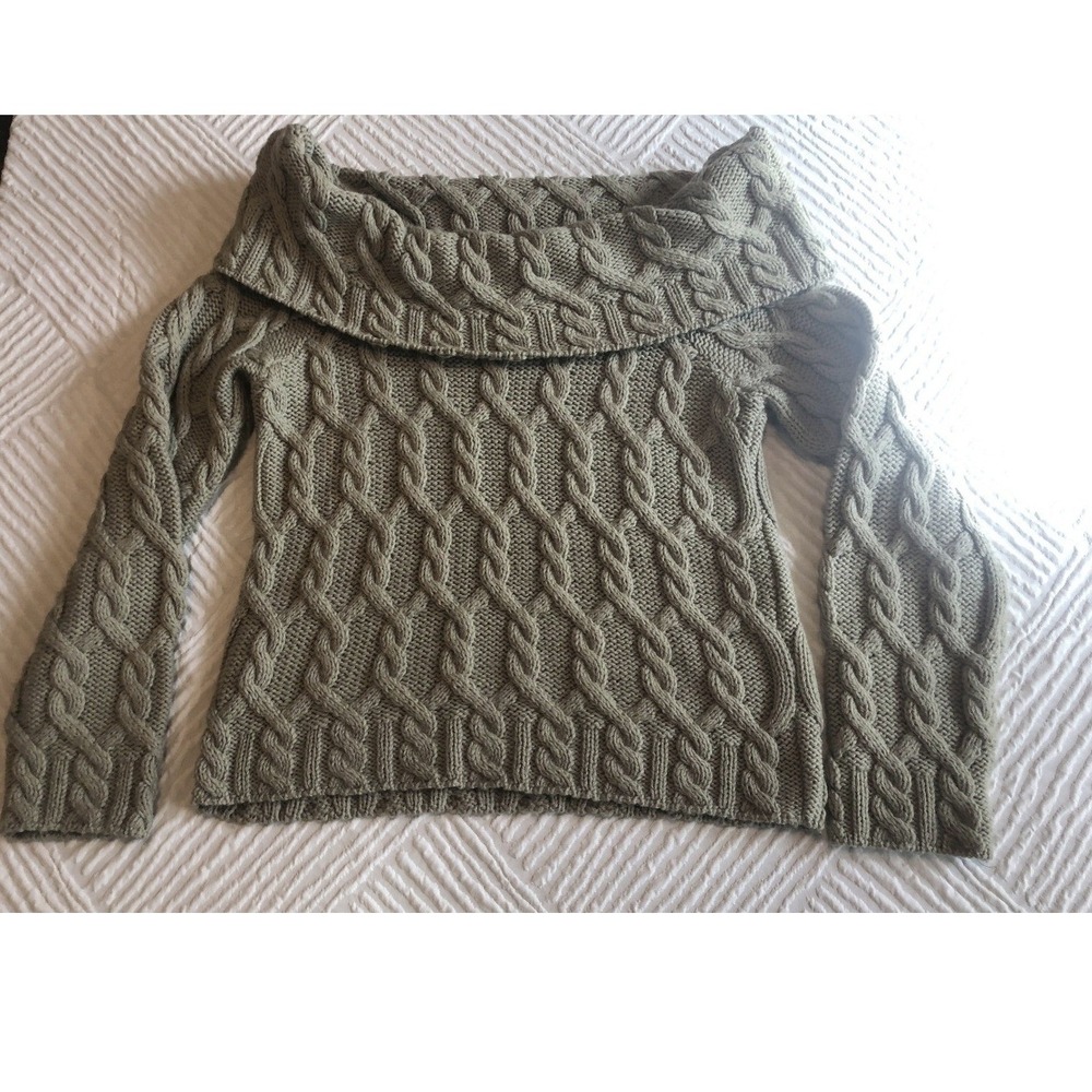Paul James 100% Wool Sweater Off Shoulder Cable Knit Sage Green Chunky Fold Over